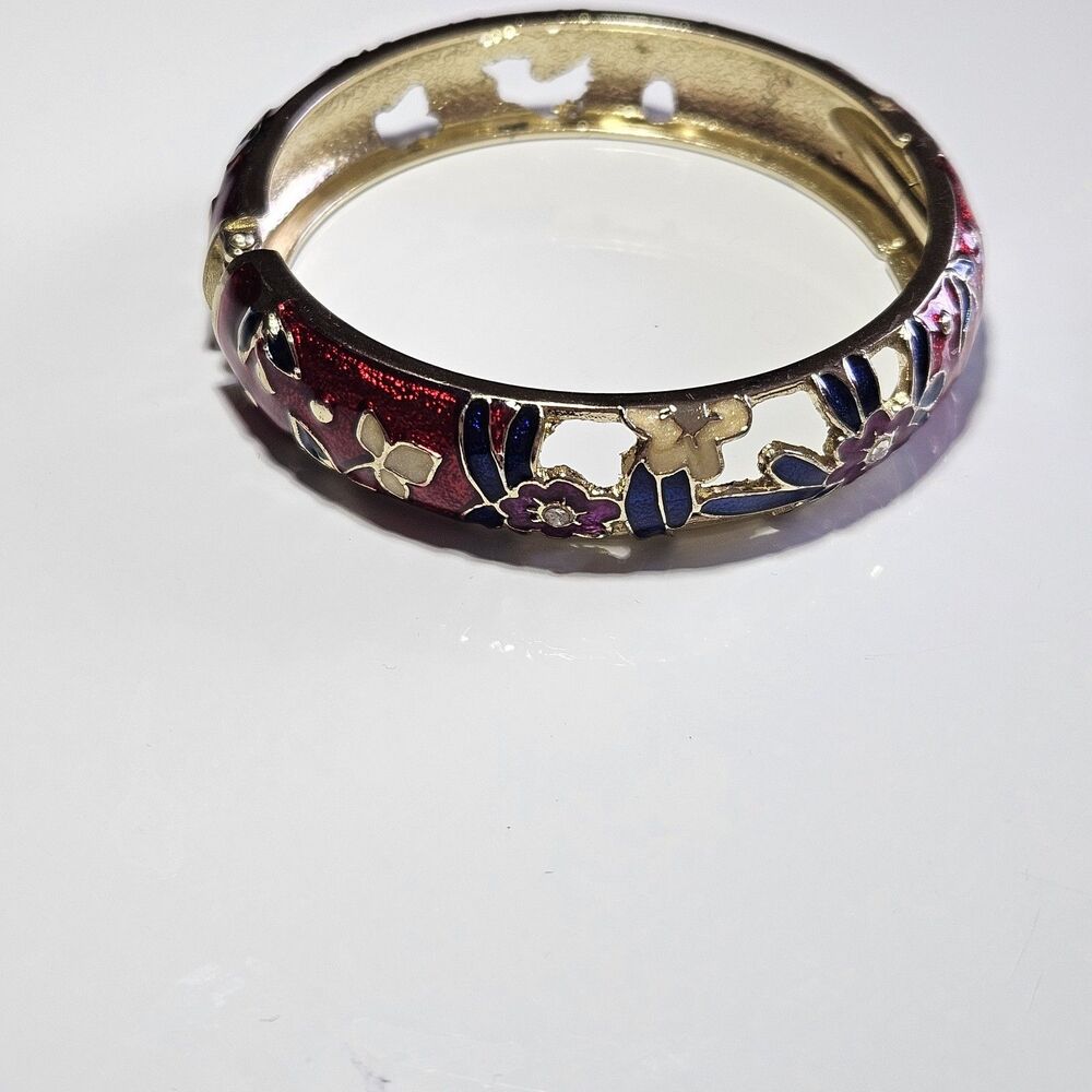 *Sale* Jiu Long Xing Gold Tone Red Blue Cloisonne Flower Hinged Bracelet 7.5" - Picture 9 of 14